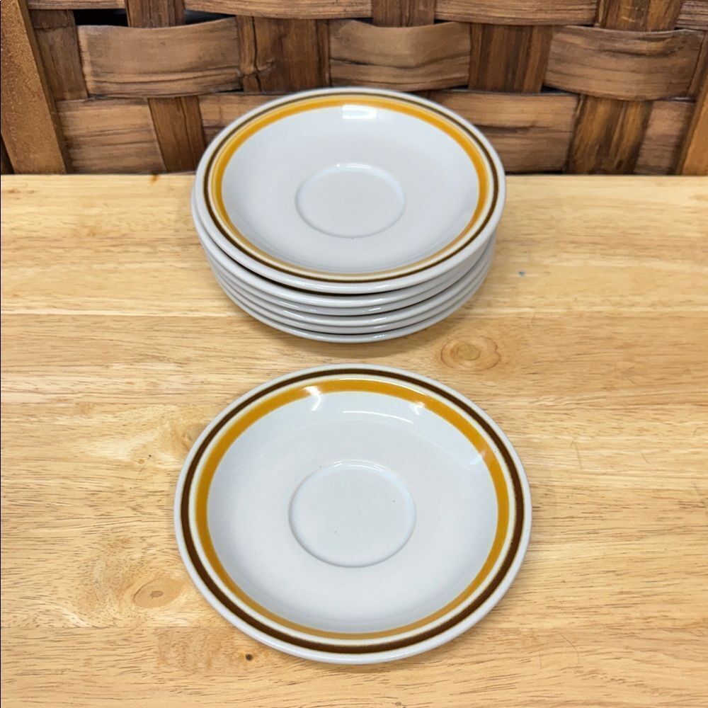 Vintage Genuine Stoneware Elegant White and yellow Saucer Set of 7